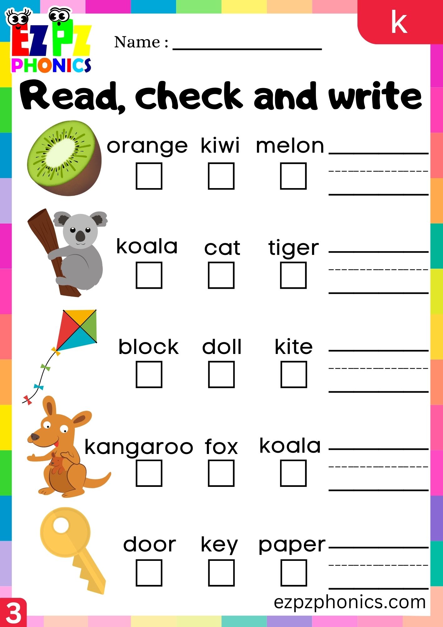 Letter k Read Check and Write the Words Phonics Activity Group 3 ...