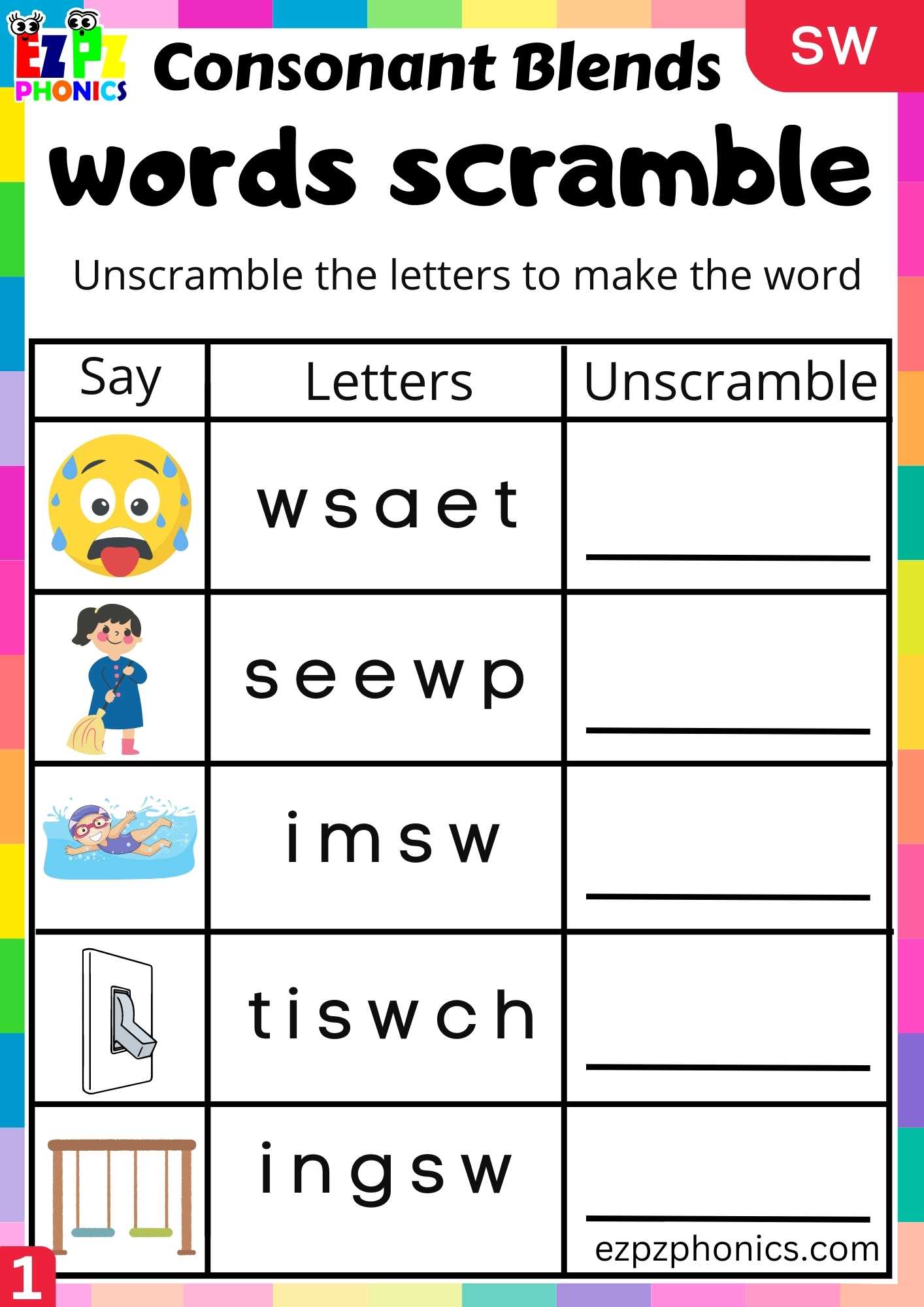 Group1 SW Words Words Scramble Phonics Consonant Blends Worksheet Group1 SW Words Words Scramble Phonics Consonant Blends Worksheet