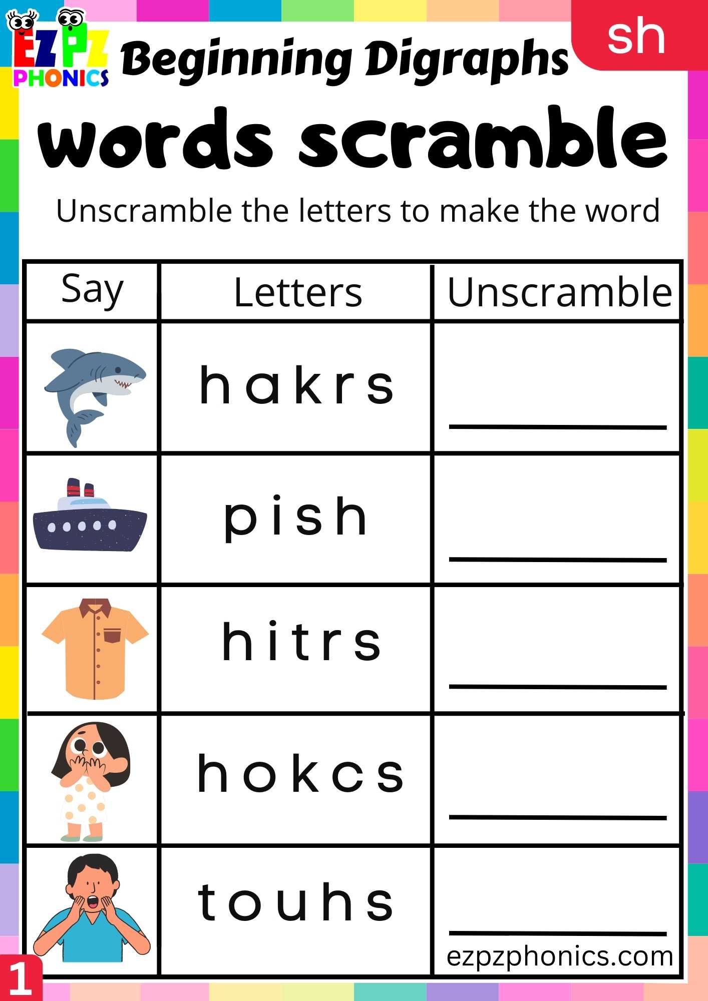Group1 SH Words Words Scramble Consonant Digraphs Phonics Beginning ...