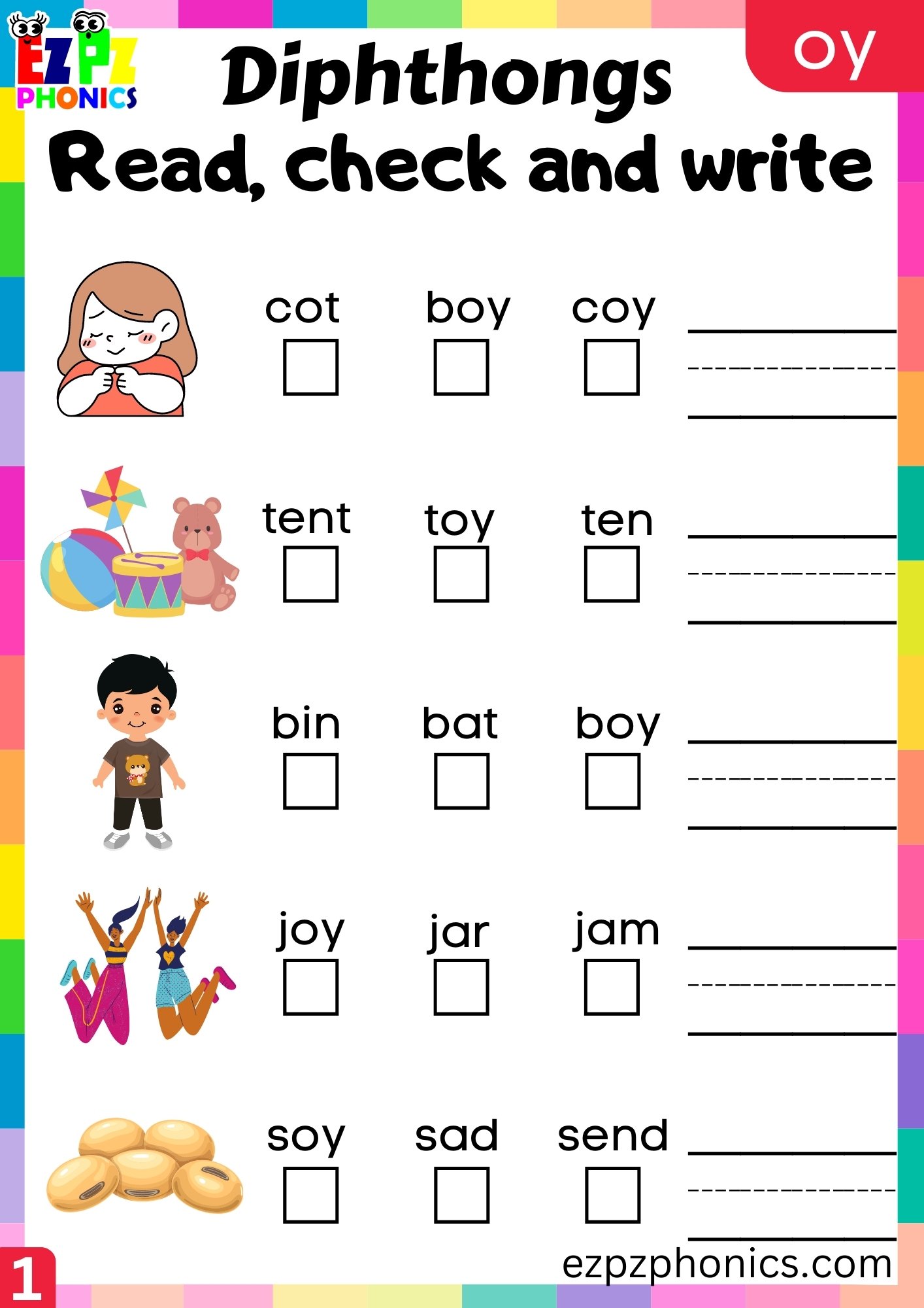 oy Diphthong Read Check and Write Worksheet PDF Download - ezpzphonics.com