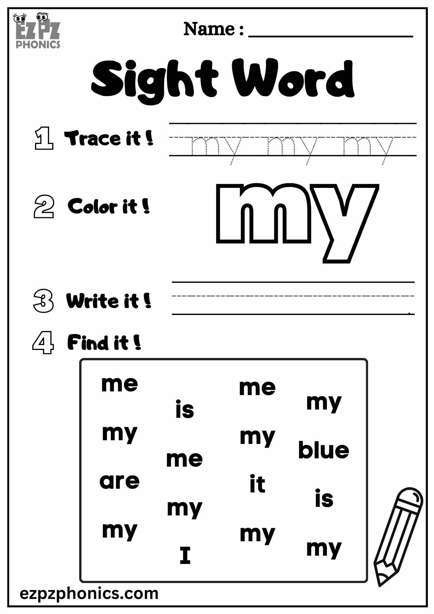 The quot My quot Sight Word Worksheet for Pre Kindergarten Dolch Sight Words