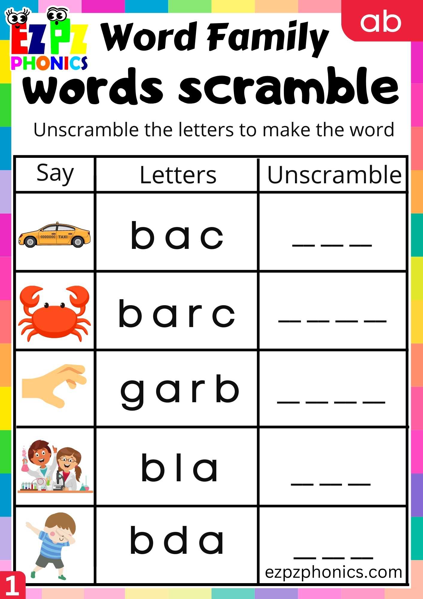 AB Words Words Scramble Phonics Word Families Worksheet ezpzphonics com